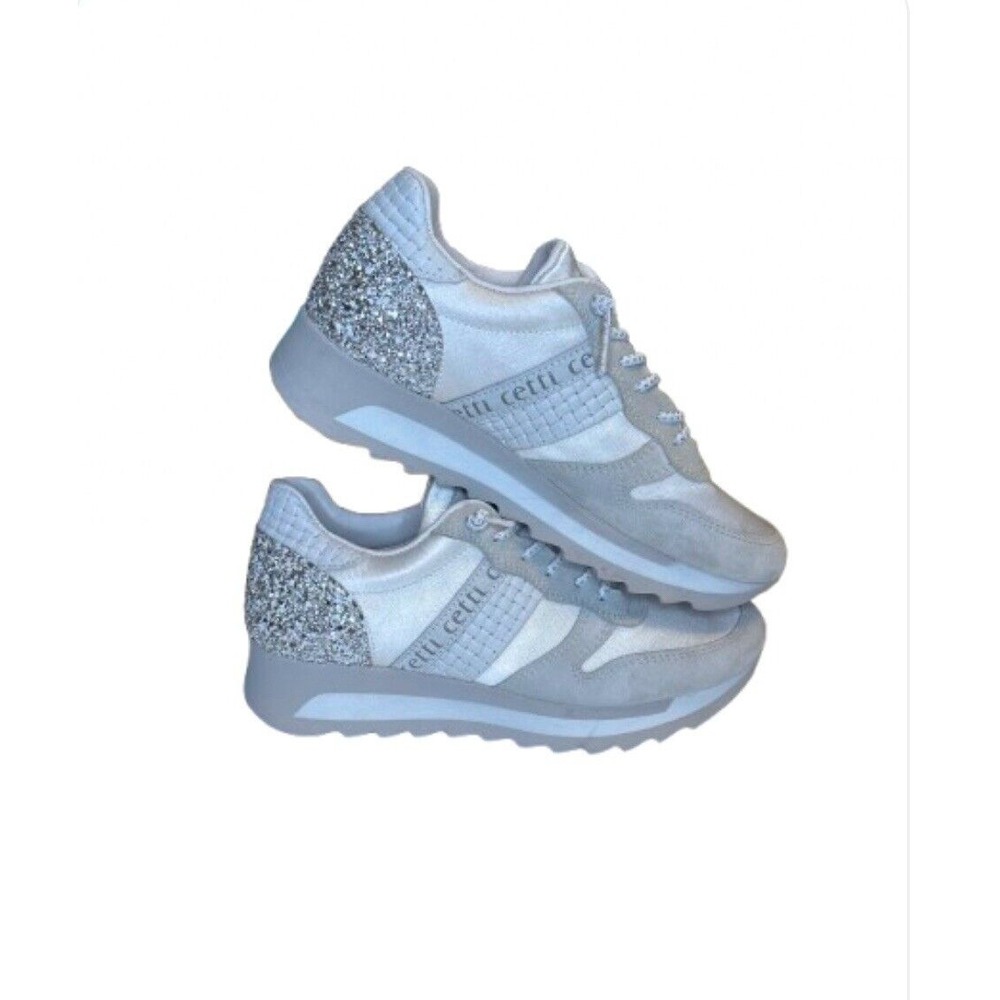 Cetti Luxsportive Shoes Women's White and Silver glitter No tie SZ 38 US 7.5